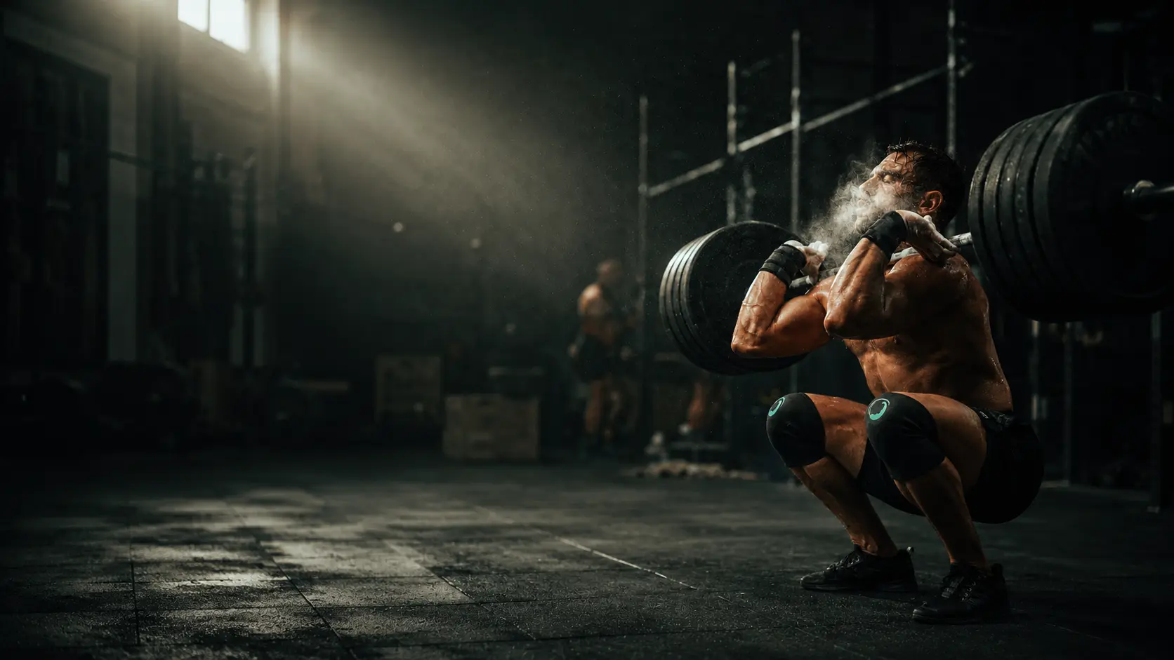 Male CrossFit athlete heavy clean reception wearing One Percent Fitness knee sleeves